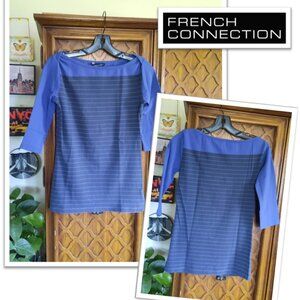 French Connection | Striped Banteau Boatneck Tee w Stretch! - Navy/Blue, Size XS